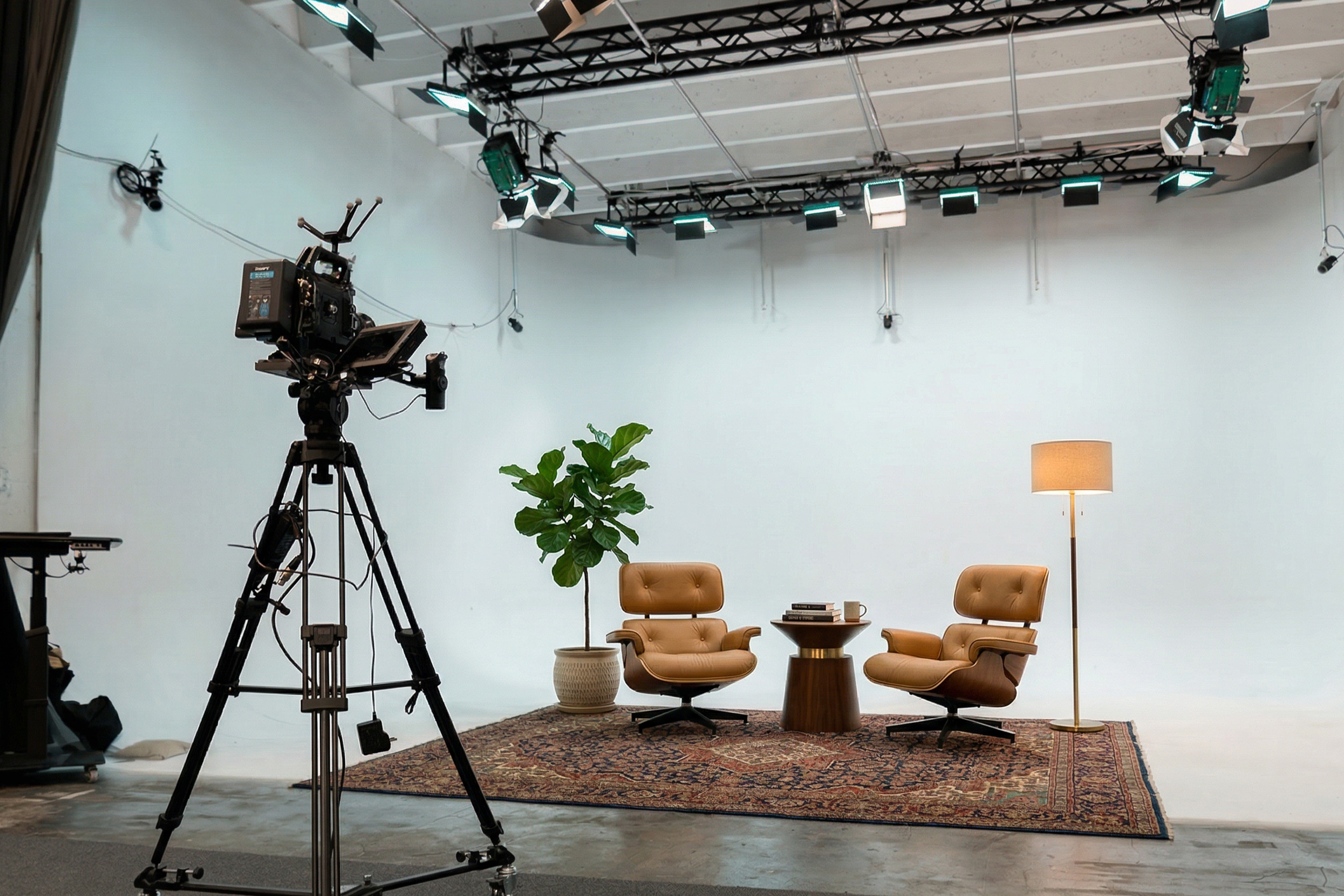 Podcast and interview set in a Miami production studio with professional lighting and camera equipment
